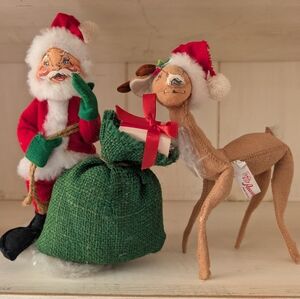 Christmas Annalee Mobilitee Santa w/ Sack and Reindeer 1986 Vintage Holiday